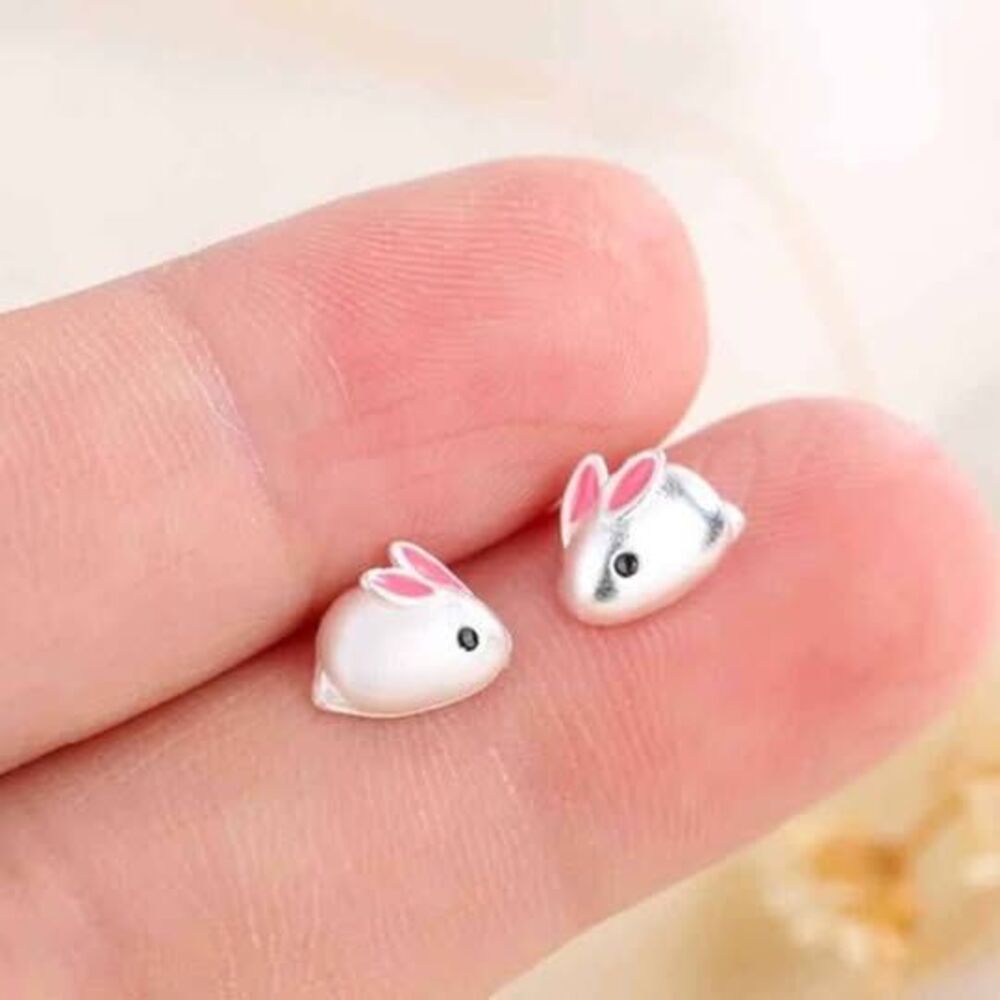 Silver Bunny Rabbits Stainless Steel Stud Earrings 8mm Hypoallergenic